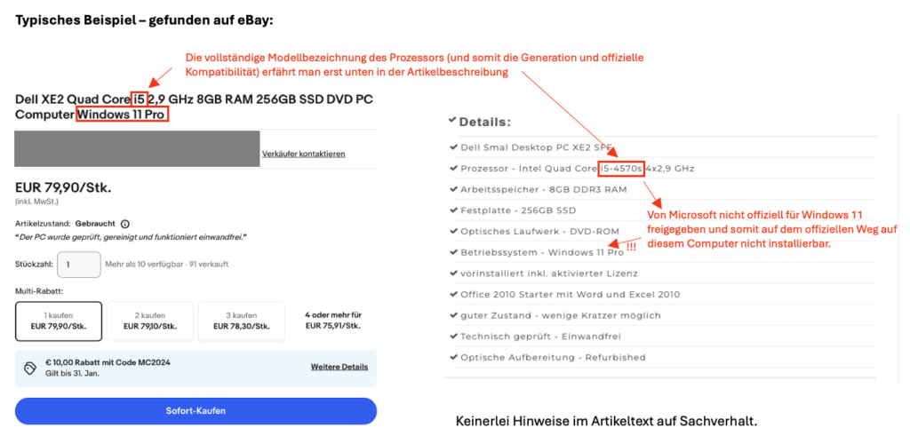 Beispiel Artikelseite von eBay: Angeboten wird Windows 11 Pro auf einem Computer mit Intel Core i5-4570s. Windows 11 unterstützt diesen Prozessor offiziell nicht.